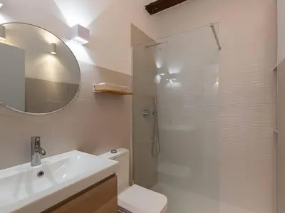 a bathroom with a shower and a toilet and a sink at Beautiful restored house with terrace in Valencia