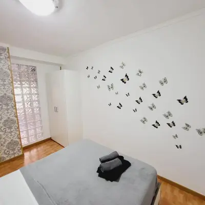 a bedroom with a bed with a bunch of birds on the wall at Pintor 31 in Valencia