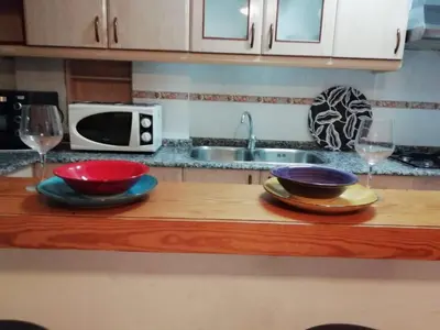 a kitchen counter with two bowls and a microwave at Arts and Sciens Museum/Beach in Valencia