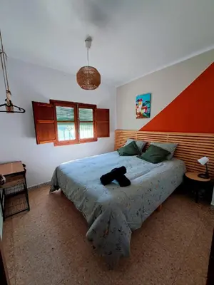 a bedroom with a bed with a black cat laying on it at Buganvilla in Valencia