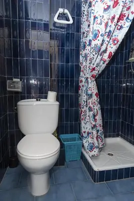 a bathroom with a toilet and a shower curtain at El Raco, A-8-16 in Cullera