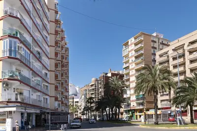 a city street with tall buildings and palm trees at GALEON, 10-75 Atico in Cullera
