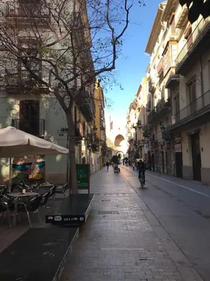 a city street with a person riding a bike down a street at City center where Falla starts in Valencia