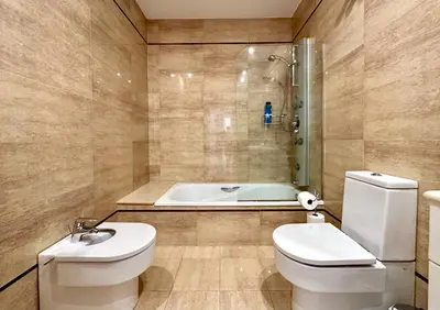 a bathroom with a toilet and a bath tub at Reinapart Patacona Beachfront Seaview in Valencia