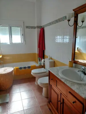 a bathroom with a sink and a toilet and a tub at Beautiful Villa with huge private pool and vineyard view in Valencia