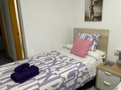 a bedroom with a bed with purple and pink pillows at Albahicín in Puerto de Sagunto