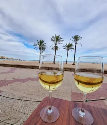 two glasses of wine sitting on a table near the beach at Apartamento Horizonte Azul Cullera in Cullera