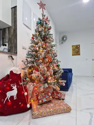 a christmas tree with presents under it in a living room at Your Perfectt place in Valencia