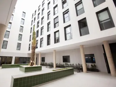 a building with a palm tree in the courtyard at Micampus Burjassot Parque Student Residence in Burjasot