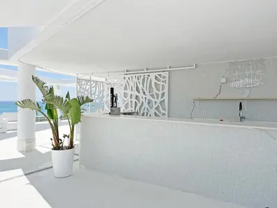 a white kitchen with a counter and a plant at Gran Apartment in Canet de Berenguer