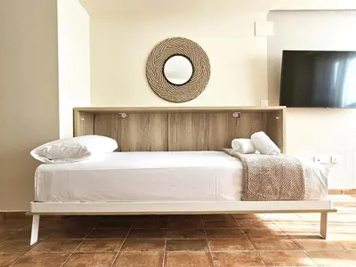 a bedroom with a bed with a mirror on the wall at Apartamentos Las Ciencias E in Valencia