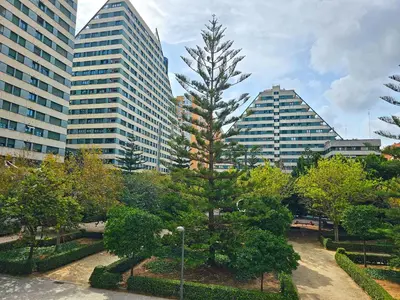 a tree in a park in front of tall buildings at Apartamentos Las Ciencias Studio N in Valencia