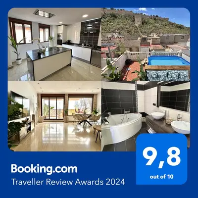 a collage of two pictures of a bathroom at Casa con jacuzzi y piscina con vistas al castillo in Corbera de Alcira
