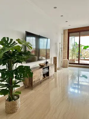 a living room with a large tv and a potted plant at Casa con jacuzzi y piscina con vistas al castillo in Corbera de Alcira