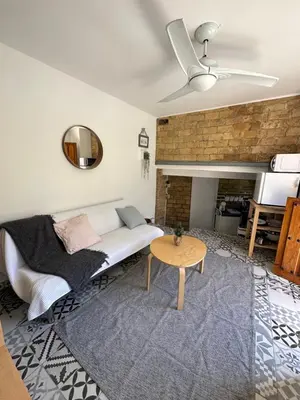 a living room with a couch and a table at Precioso apartamento con a/a en Ruzafa con terracita privada y acceso a un jardín, para 2-3 personas in Valencia