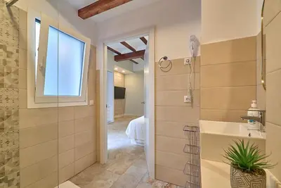a bathroom with a shower and a sink and a mirror at Buenos Aires Blues in Valencia