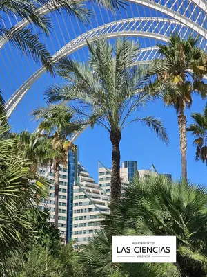 a sign with palm trees in front of a building at Apartamentos Las Ciencias R in Valencia