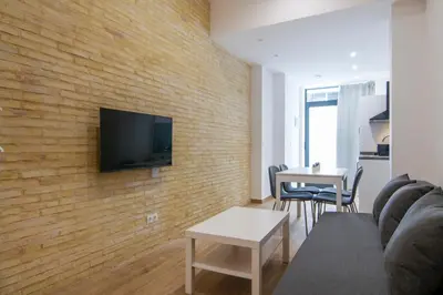 a living room with a television on a brick wall at VLC HOST- Fray Pedro in Valencia