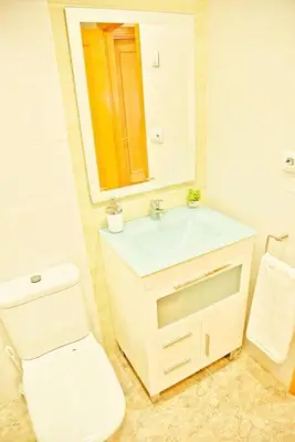 a bathroom with a toilet and a sink and a mirror at Apartamento Playa Xilxes in Xilxes