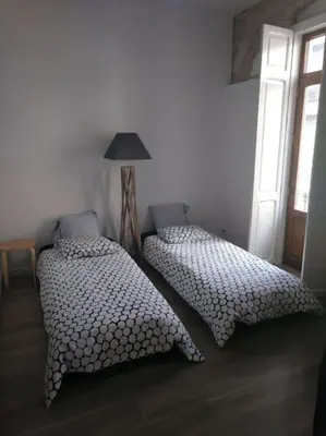 two beds in a room with two windows at Heart of trendy area of Russafa with lovely terrace ! au coeur de Ruzafa avec belle terrasse ! in Valencia
