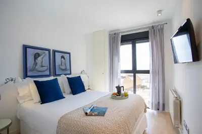 a bedroom with a large bed with blue pillows and a television at SingularStays Oceanografico II in Valencia