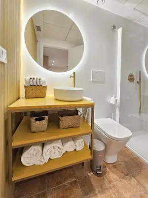a bathroom with a sink and a toilet and a mirror at Apartamentos Las Ciencias V in Valencia