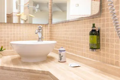 a bathroom with a sink and a bottle of alcohol at Maison Muralleta B&B in Riba-Roja De Turia