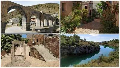 a collage of pictures of a river and a bridge at La Casa de Matilde in Caudiel
