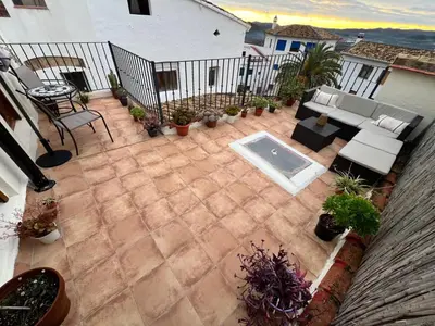 an overhead view of a patio with a pool at Casa Rural Judith in Segorbe