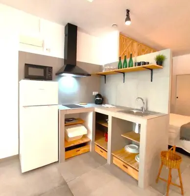 a kitchen with a counter with a sink and a refrigerator at lifecoliving valencia loft B in Valencia