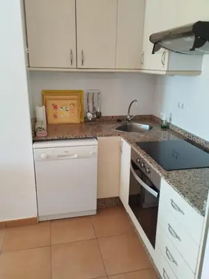 a small kitchen with white cabinets and a sink at Canet estival in Canet de Berenguer