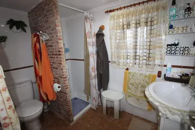 a bathroom with a shower and a toilet and a sink at Casa de pueblo en Calles in Calles