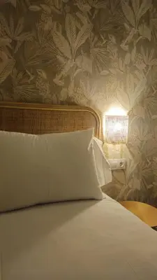a bed with a white pillow in a bedroom with a wallpaper at Imperial Apartamentos Valencia in Valencia