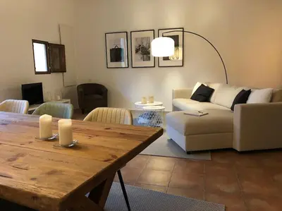 a living room with a couch and a table at Loft con estilo y terraza en centro histórico in Valencia