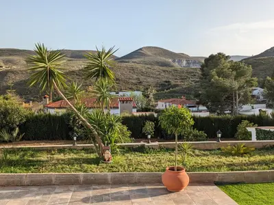 a view of a garden with palm trees and hills at Chalet con piscina, barbacoa y jacuzzi en Valencia in Turís