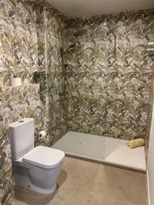 a bathroom with a toilet and a mosaic wall at Non Stress Templo in Valencia