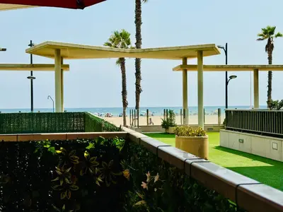 a garden with palm trees and the beach in the background at Stylish Apartment with Terrace on the BeachFrom in Valencia