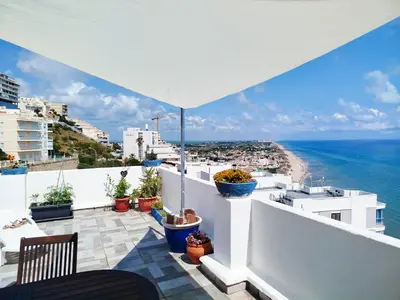 a balcony with potted plants and a view of the ocean at Ático El Faro Cullera in Faro de Cullera