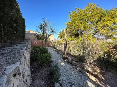 a stone path with trees and a wall at Oasis en Riba Roja del Turia in Riba-Roja De Turia