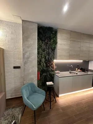 a kitchen with a green wall with a sink and a chair at Magnifica vivienda a estrenar junto a Plaza España in Valencia