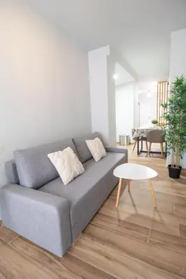 a living room with a gray couch and a table at Suite Parque del Turia by Concept Flats in Valencia