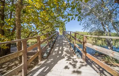 a wooden bridge over a body of water at Gorgeous Home In Riba-Roja De Turia in Riba-Roja De Turia