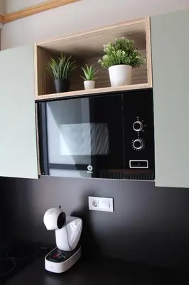 a microwave on a shelf with potted plants on it at Promotur Suites - Ayora in Valencia