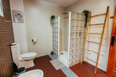 a bathroom with a toilet and a shower at Casa Pancho, ChillOut, Oceanographic, City of Arts in Valencia