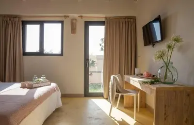 a bedroom with a bed and a desk and a television at Hotel Rural El Teular in Sueca