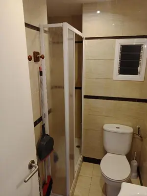 a small bathroom with a toilet and a shower at HAWAI, Esc-2, 3-10 in Cullera