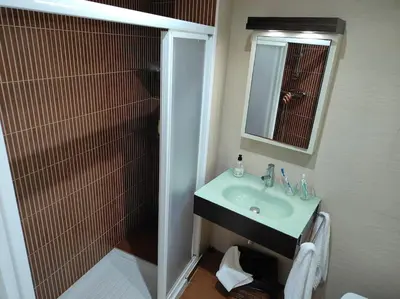 a bathroom with a sink and a shower with a mirror at Piso cerca universidades y playa in Valencia