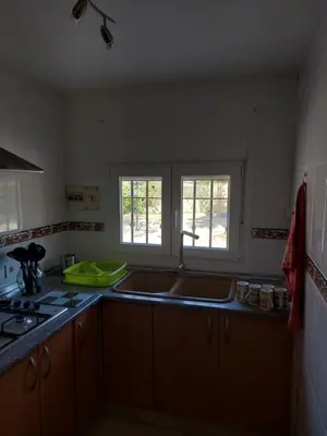 a kitchen with a sink and two windows at les berreries in Montroy