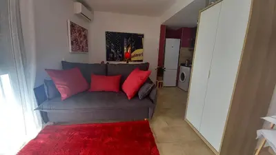 a living room with a gray couch with red pillows at El estudio de las mariposas,sofa cama , cocina y baño in Partida de La Cañada