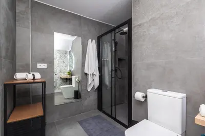 a bathroom with a shower and a white toilet at Moderno, amplio y muy cómodo in Valencia